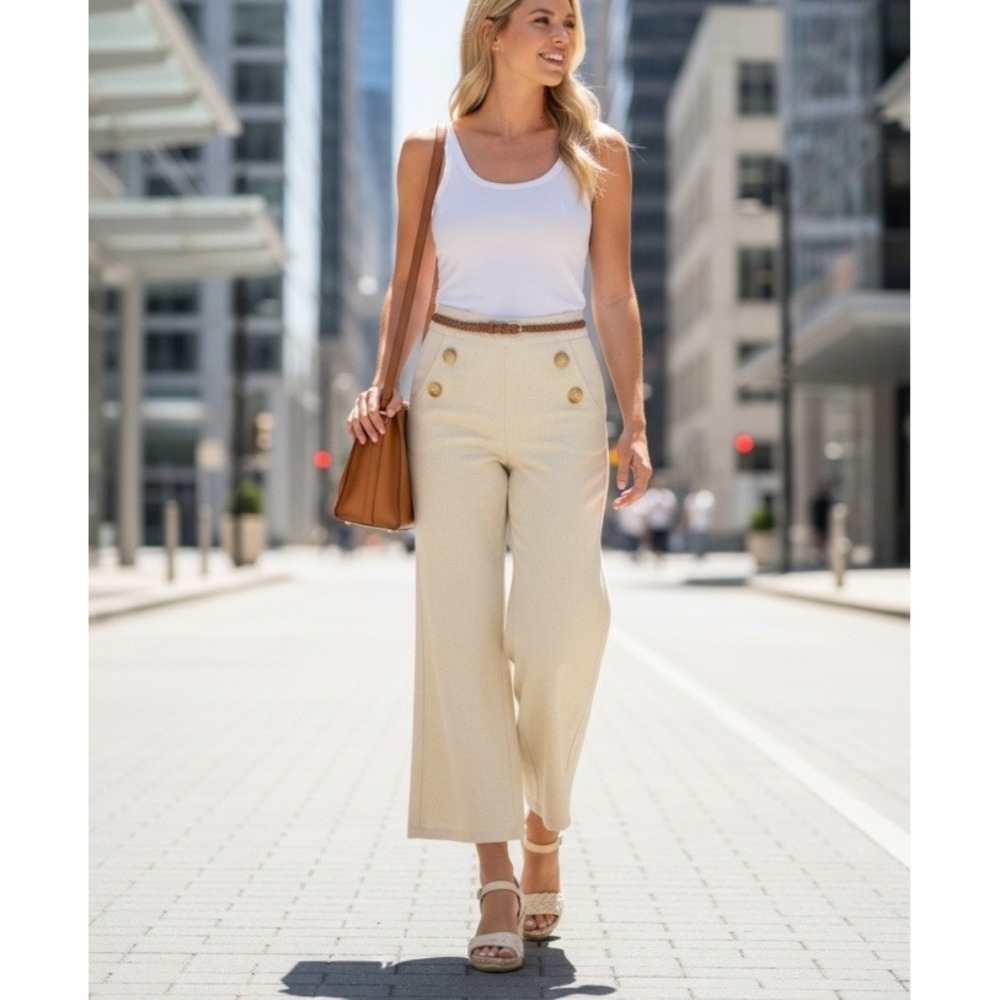 Julie Brown NYC Sailor Linen Wide Leg Pants Womens 2 Tan High Waisted Old Money